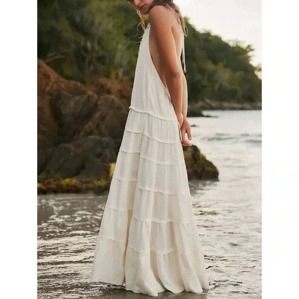 NEW Free People Somewhere Sunny Drop Waist Halter Maxi Beach Dress in White Sz M